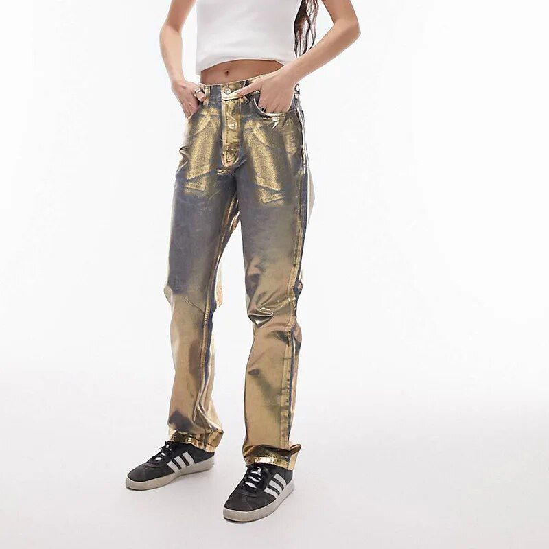 Metallic Gold Silver Straight Leg Jeans