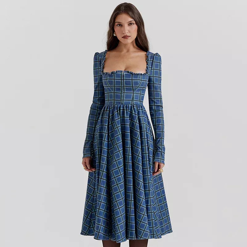 Elegant Plaid A-line Midi Dress