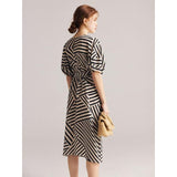 Elegant Striped Silk Mid-Calf Dress with Batwing Sleeves