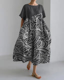 Printed Short-Sleeve Patchwork Midi Dress