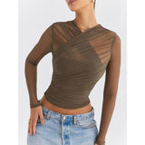 Sheer Mesh V-Neck Long Sleeve Sexy T-Shirt