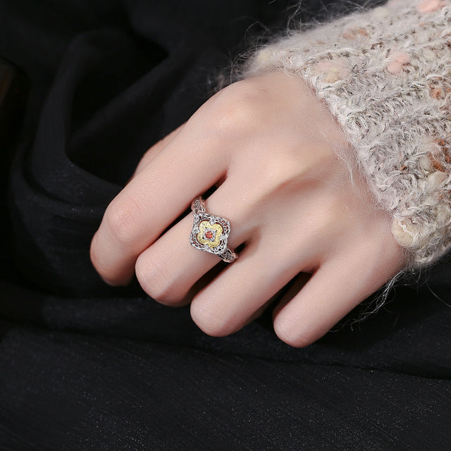 S925 Sterling Silver Gold Petal Ring Elegant Light Luxury Design With Red Zircon All-match Simple - Dazpy