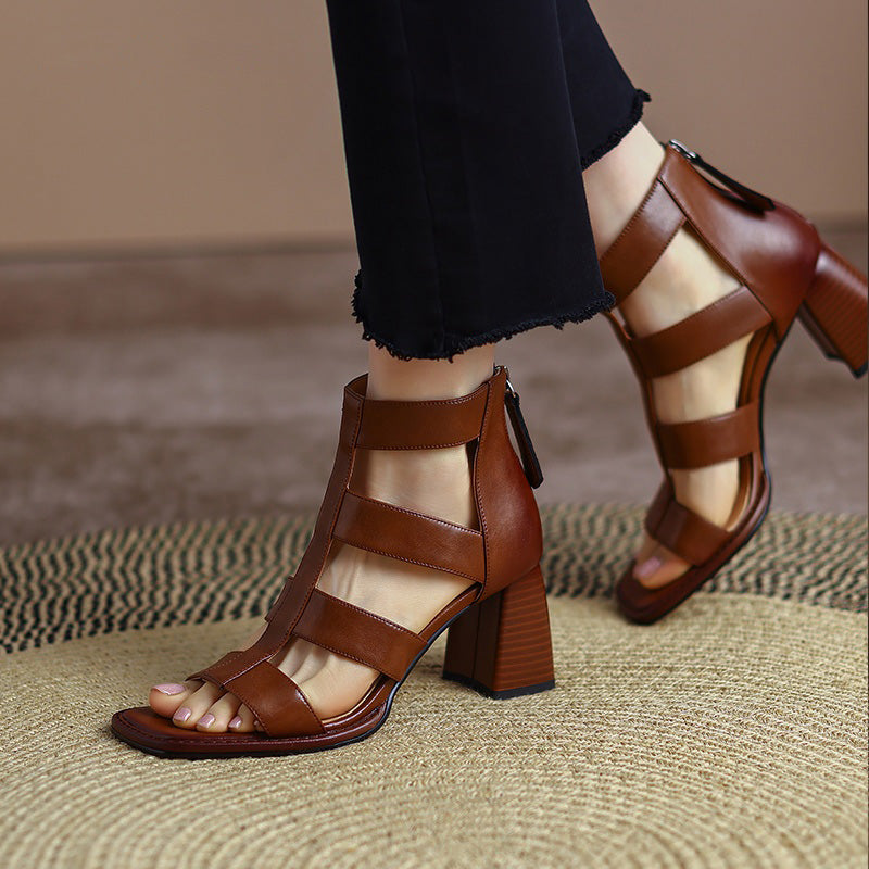 Luxurious Leather Gladiator Sandals with Square Heel and Buckle Strap