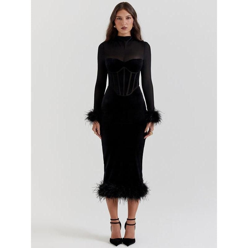 Elegant Feather Trim Backless Bodycon Midi Dress