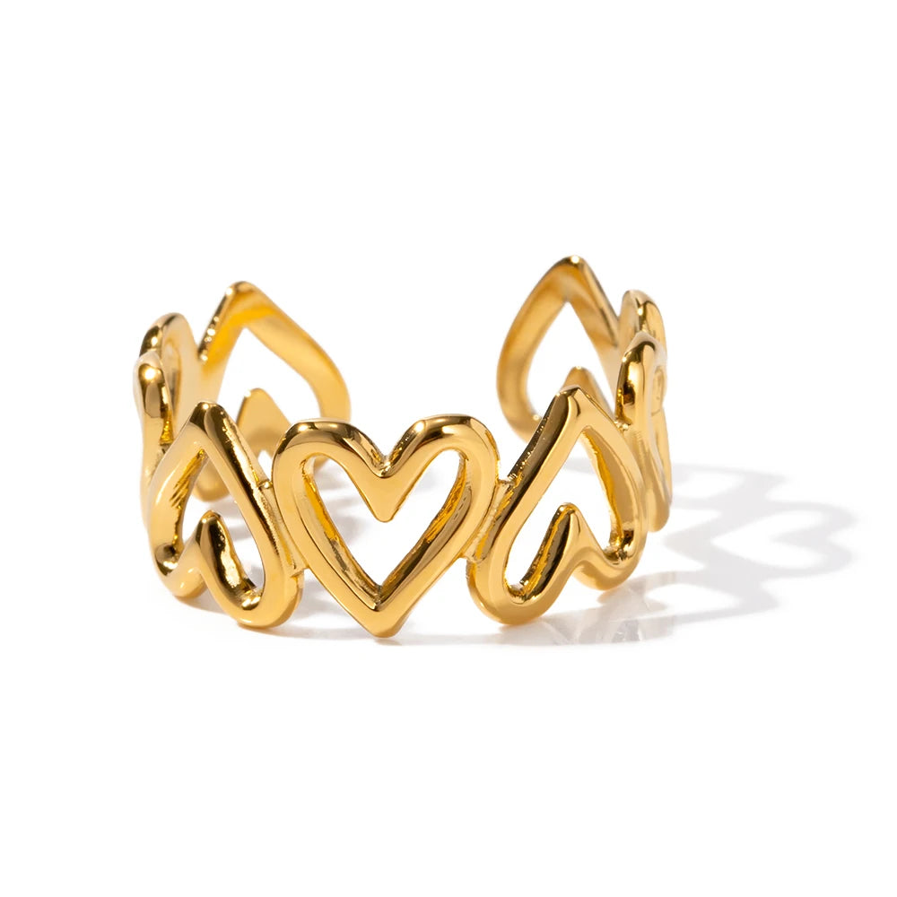 Anillo abierto ajustable con forma de corazón: joyería de acero inoxidable resistente al agua