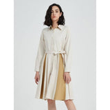 Elegant Beige A-line Long Sleeve Dress with Belt