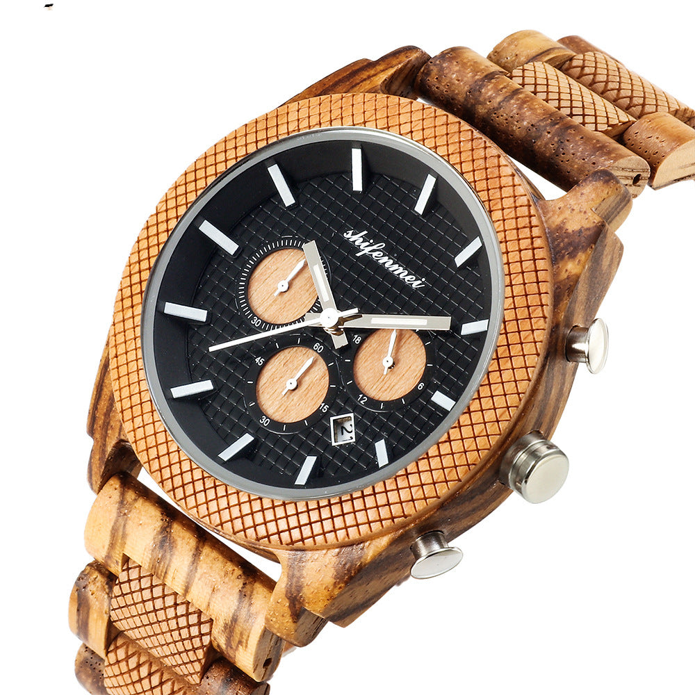 Mens Six Hand Chronograph Calendar Sports Wood Casual Watch - Dazpy