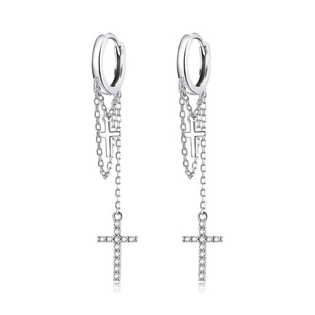 Long Tassel Glittering Cross Earrings - Dazpy