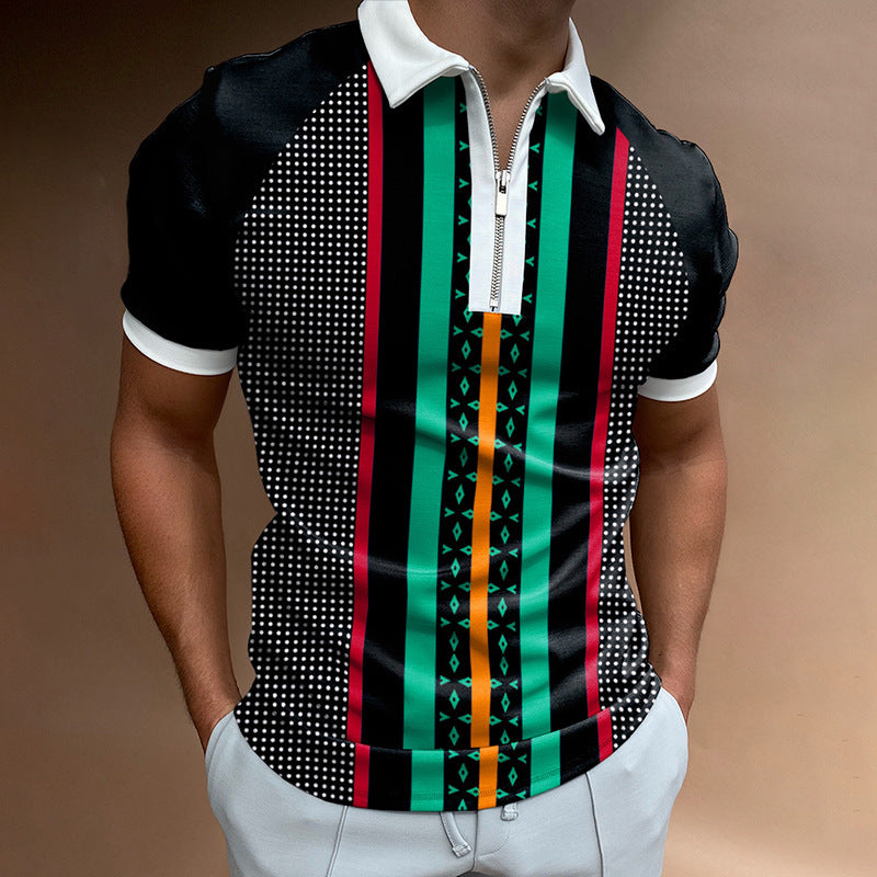 Men's POLO Lapel Striped Plaid Short Sleeve T-Shirt