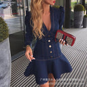 Vestido azul estampado con cuello en V para mujer