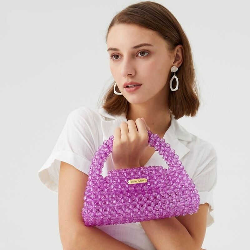 Bolso tote elegante con forma de caja de piedra de cristal acrílico con cuentas de perlas