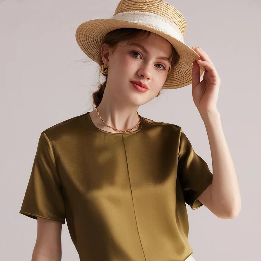 Camiseta de verano de mujer elegante con cuello redondo de seda