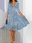 Women's V-Neck Digital-Print Loose A-Line Dress