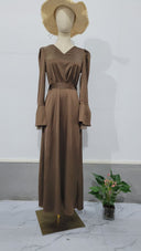 Women's V-Neck Puff-Sleeve Tie-Waist Long Dress