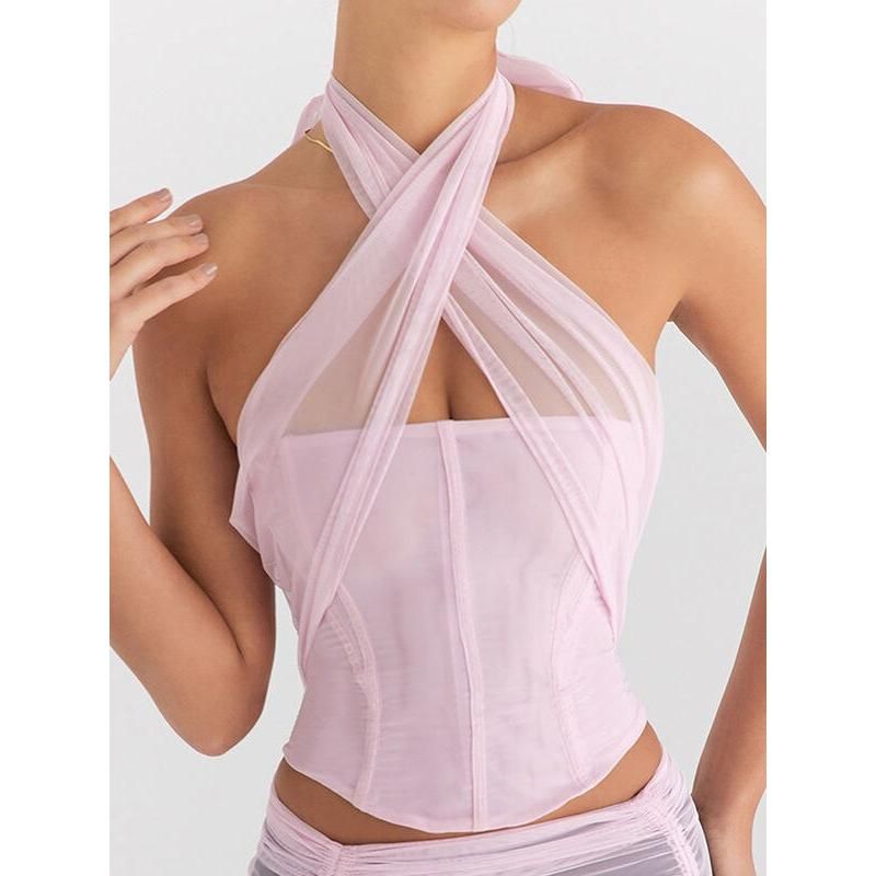 Frühling/Sommer Neckholder-Tanktop mit rückenfreiem Spitzenmuster