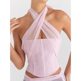 Top sin mangas de encaje sin espalda con cuello halter primavera/verano