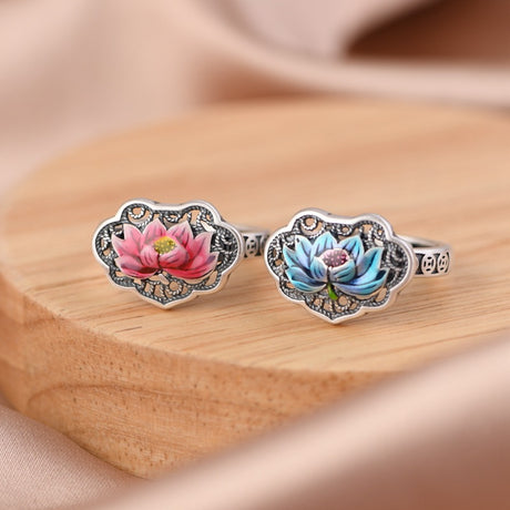 Retro Retro Hollow-out Ruyi Cloisonne Lotus Open Ring - Dazpy