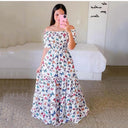 Vestido largo estampado de cintura alta con hombros descubiertos