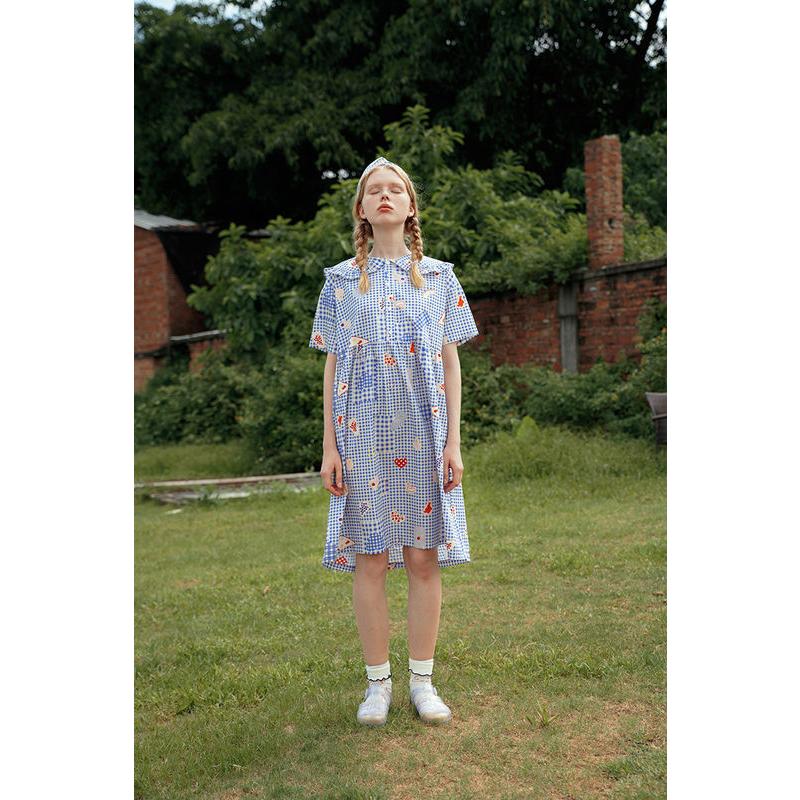 Women's Summer Chiffon Dress with Cartoon Print and Peter Pan Collar