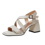 Women's Elegant Leather High-Heel Sandals with Square Heel and Buckle Strap