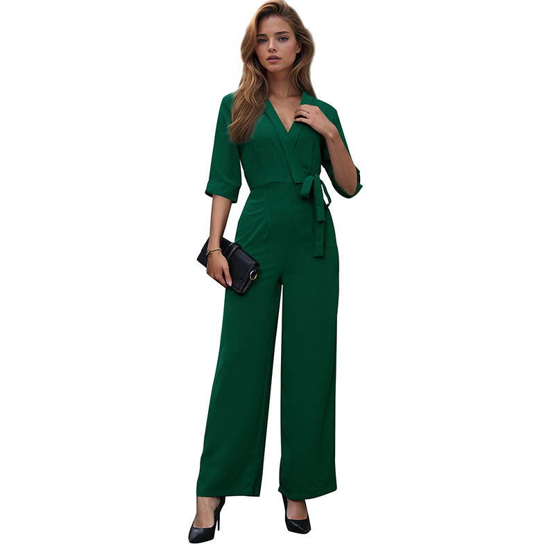 Women's Mid-sleeve Solid Color Long Jumpsuit