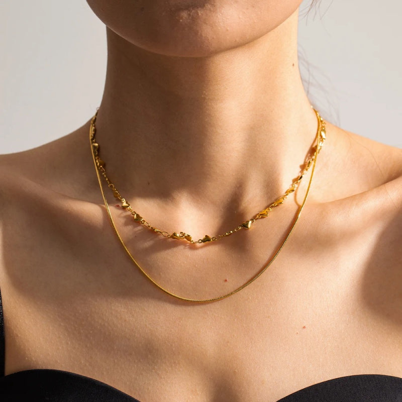 Collar de corazón de doble capa, joyería impermeable bañada en oro de 18 quilates con PVD