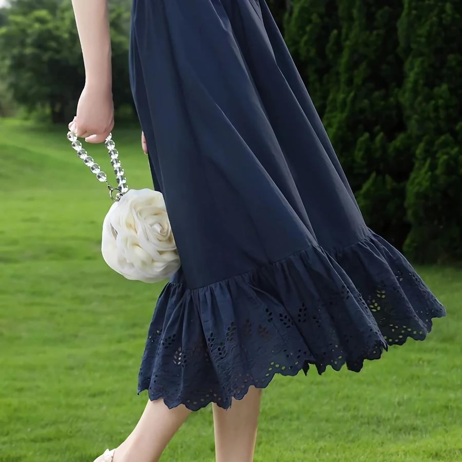 Blue High Waist A-line Cotton Lace Summer Skirt