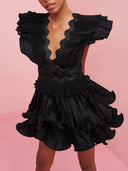 Vestido corto de tiro alto con volantes escalonados para mujer