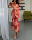Women's Pink Tie-Dye Pleated V-Neck Dress