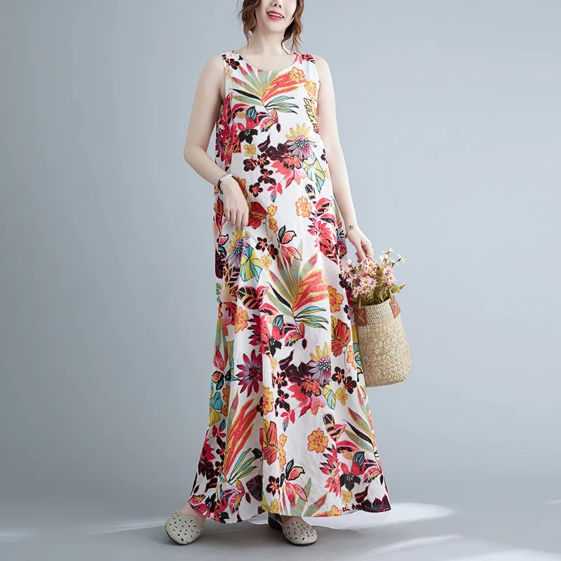 Floral Print Cotton Linen Long Dress