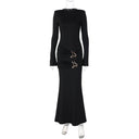 Black Round-Neck Pleated Long-Sleeve Dress