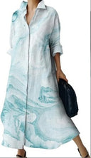 Printed Button-Detail Long-Sleeve Dress