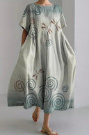 Printed Short-Sleeve Patchwork Midi Dress