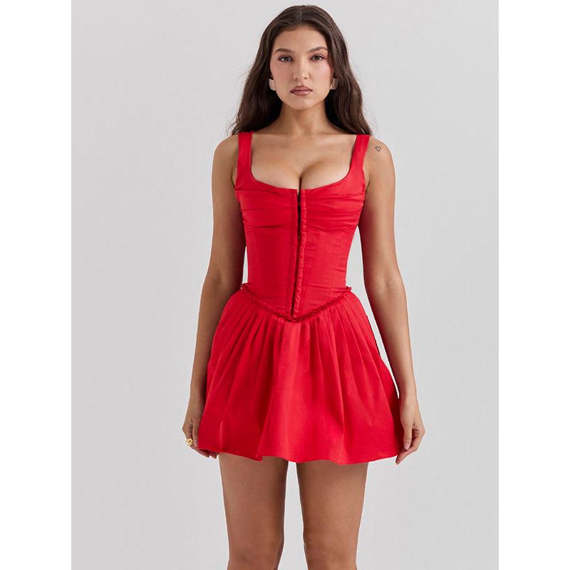 Rotes ärmelloses Minikleid mit quadratischem Kragen und rückenfreiem Design