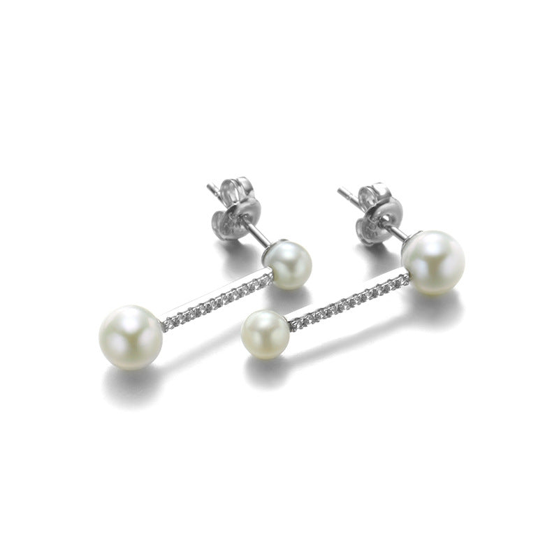 Women's Sterling Silver Geometric One Word Pearl Stud Earrings - Dazpy