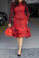 Abstract-Print Long-Sleeve Tiered Dress