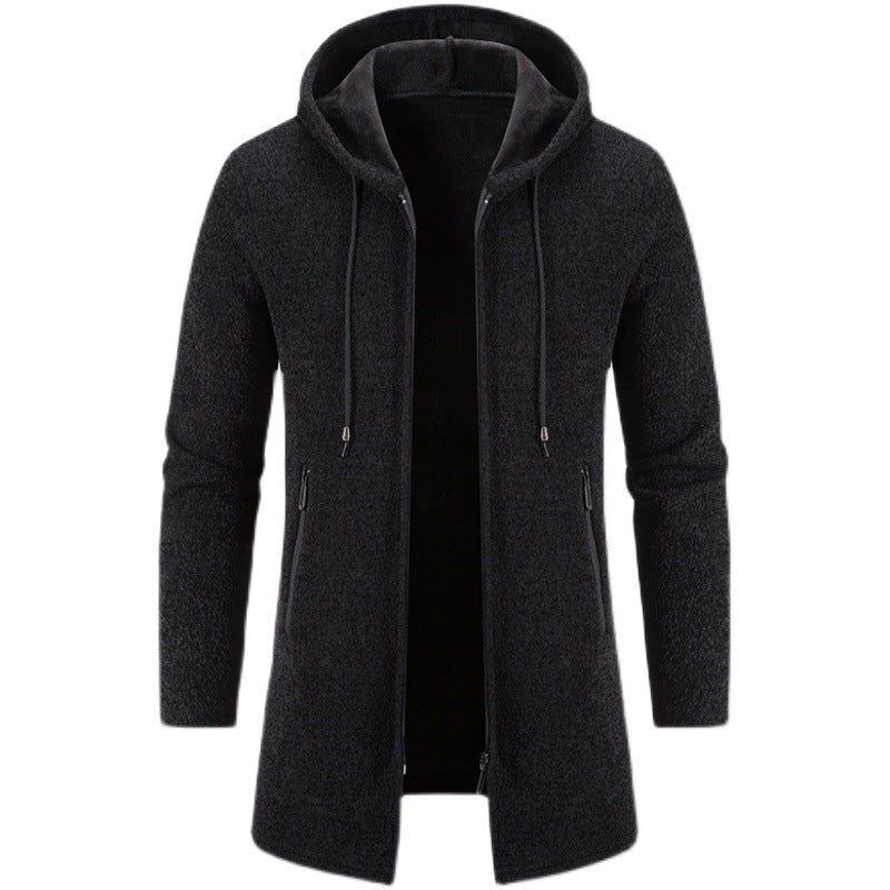 Autumn And Winter Fleece-lined Thickening Trendy Solid Color Men's Cardigan Mid-length Hooded Jacket