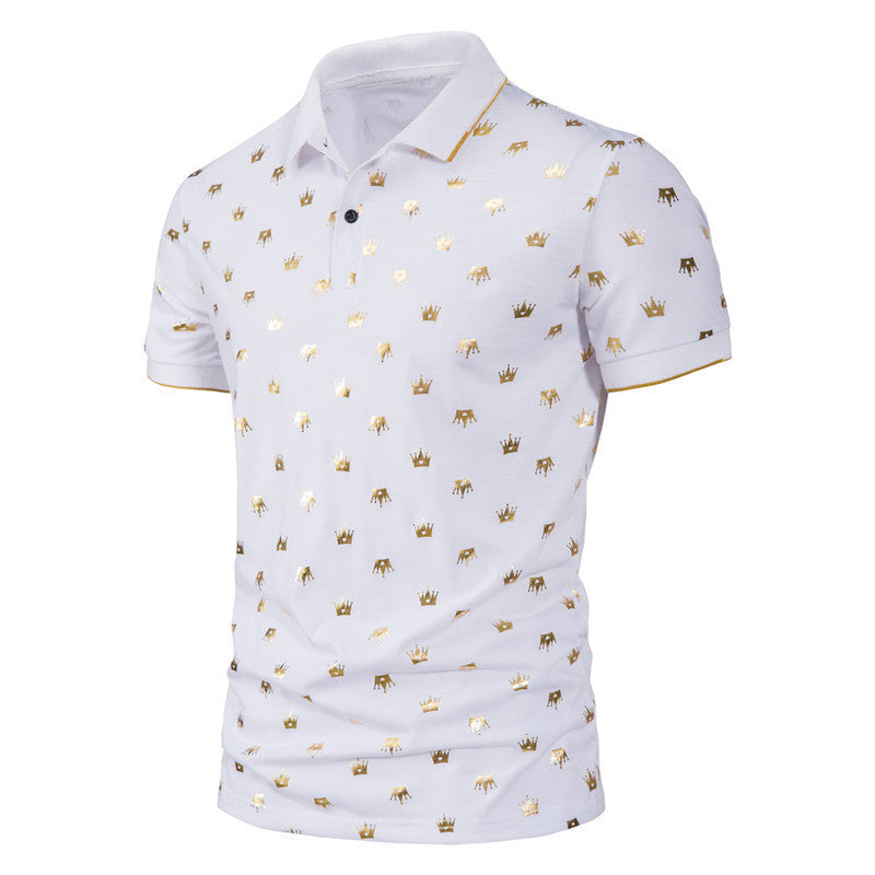 Men's Fashion Crown Bronzing Print Short Sleeve Lapel T-Shirt POLO Shirt