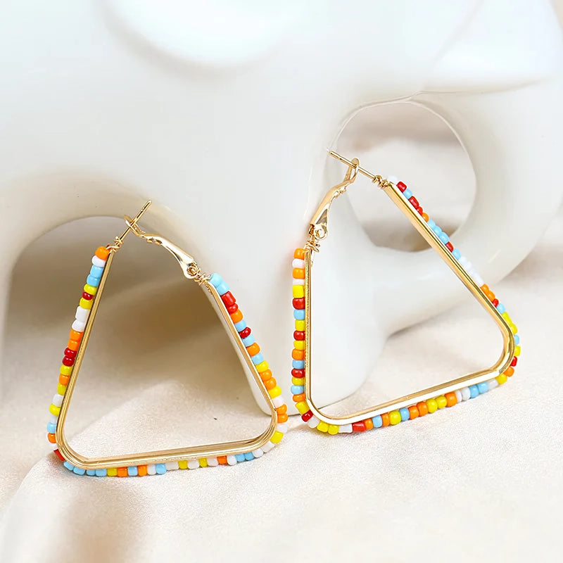 Colorful Beaded Triangle Hoop Earrings