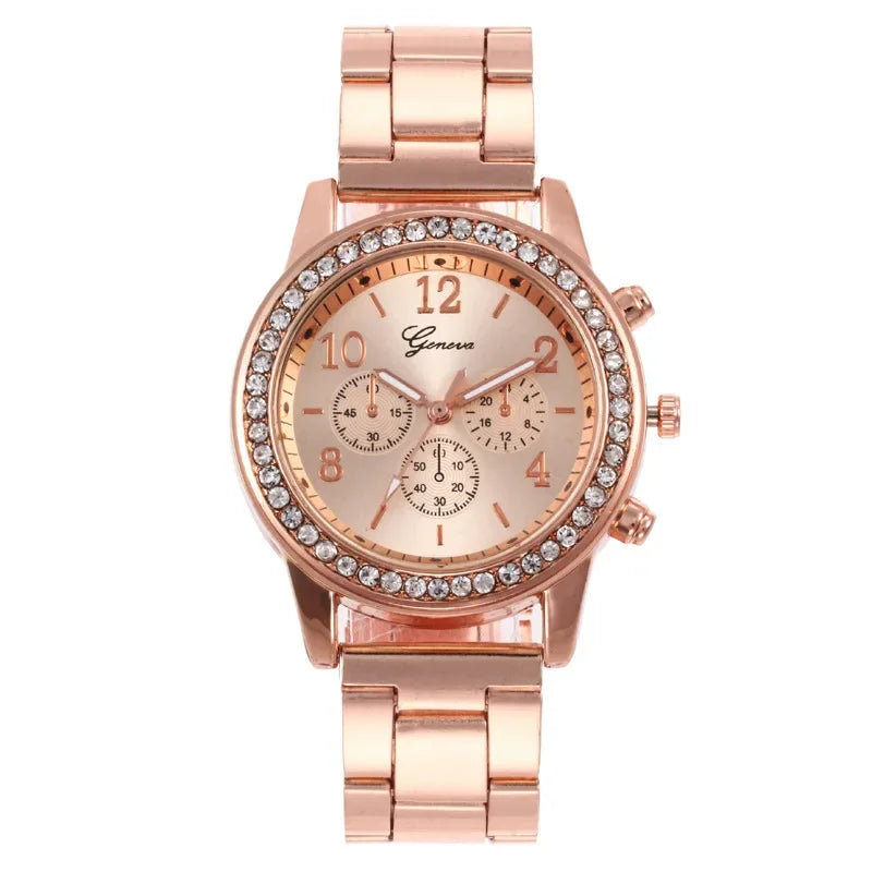 Reloj de cuarzo de lujo para mujer en oro rosa y diamantes