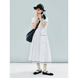 Summer Striped Cotton Mid-Length Dress with Sailor Collar and Pockets