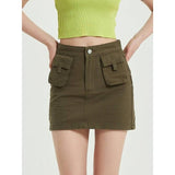 Green Denim High-Waist Pencil Skirt with Pockets