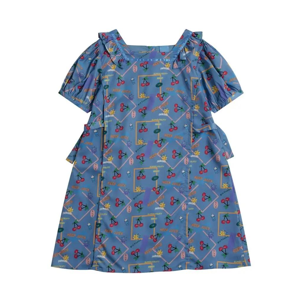 Knielanges Sommerkleid aus Chiffon mit Puffärmeln und Früchte-Print