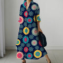 Printed Button-Detail Long-Sleeve Dress