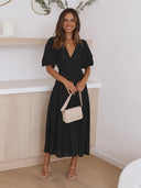 Vestido largo de mujer con escote en V profundo y manga abullonada