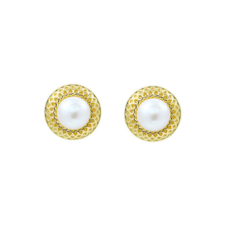 Silver Vintage Natural Pearl Honeycomb Stud Earrings - Dazpy