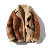 Fur Integrated Fleece-lined Padded Lapel Plus Size Leather Coat