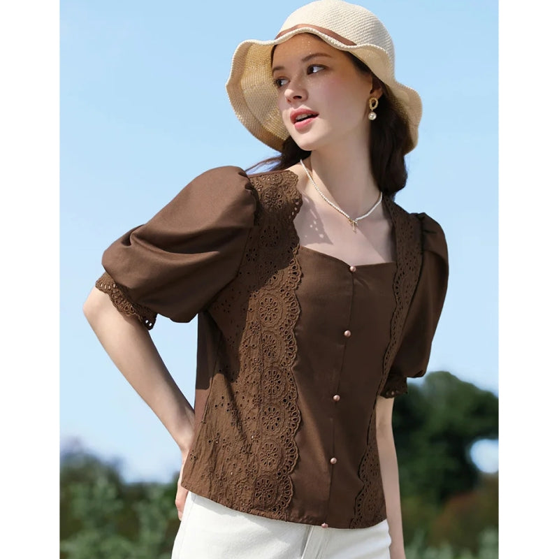 Französische Vintage Bluse mit eckigem Ausschnitt