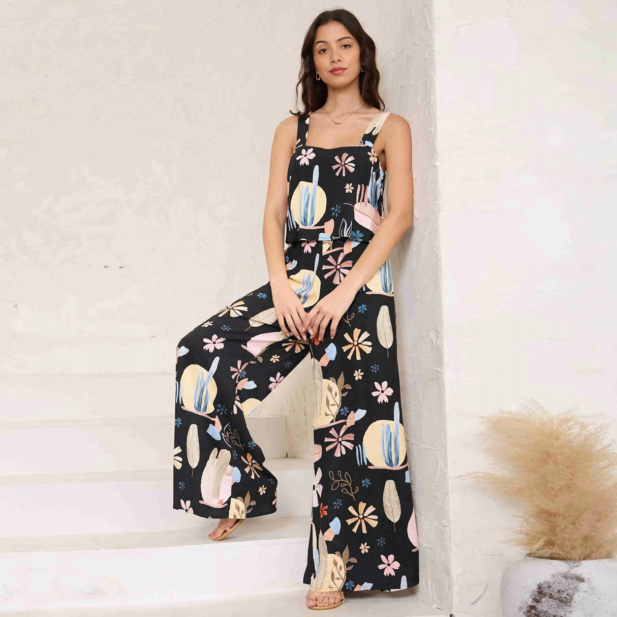 Schickes Paisley-Print-Jumpsuit mit weitem Bein und Straps-Top-Set – Damen Streetwear