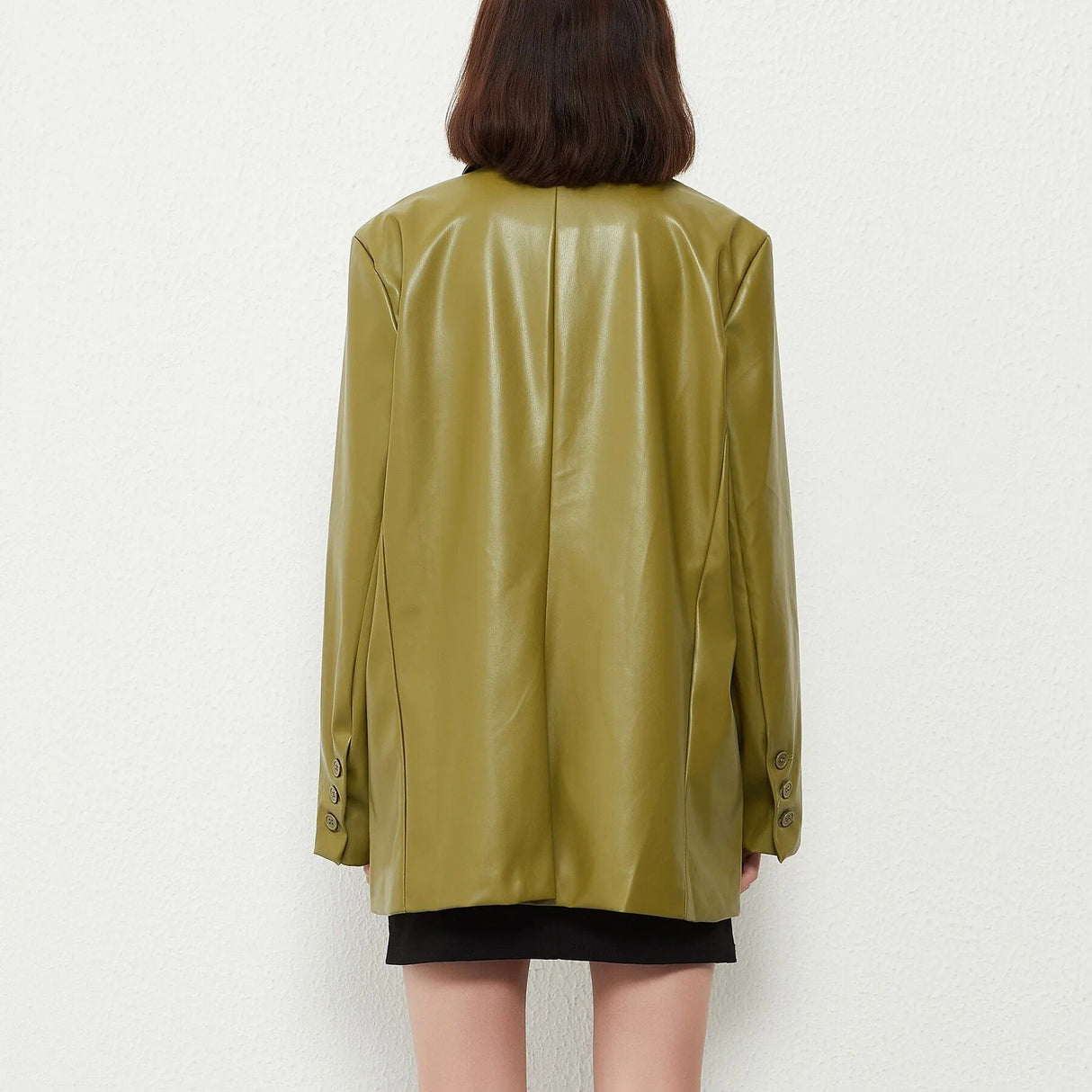 Leather Blazer Coat - Vintage Green Single Breasted